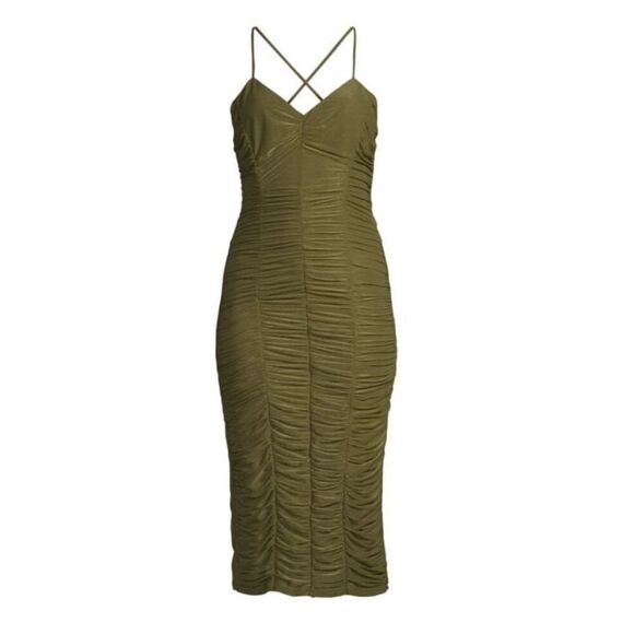 JASON WU Ruched Sheer Jersey Midi Dress in Deep Olive NWT Size 8 - Picture 1 of 10